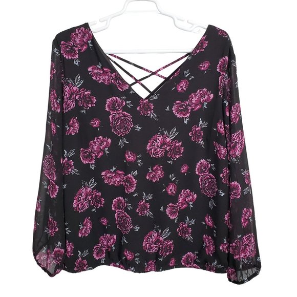 Torrid 4 Sz 4X Blouse Pullover Flowy Floral Long Sleeve Criss Cross Back Purple - Picture 3 of 10